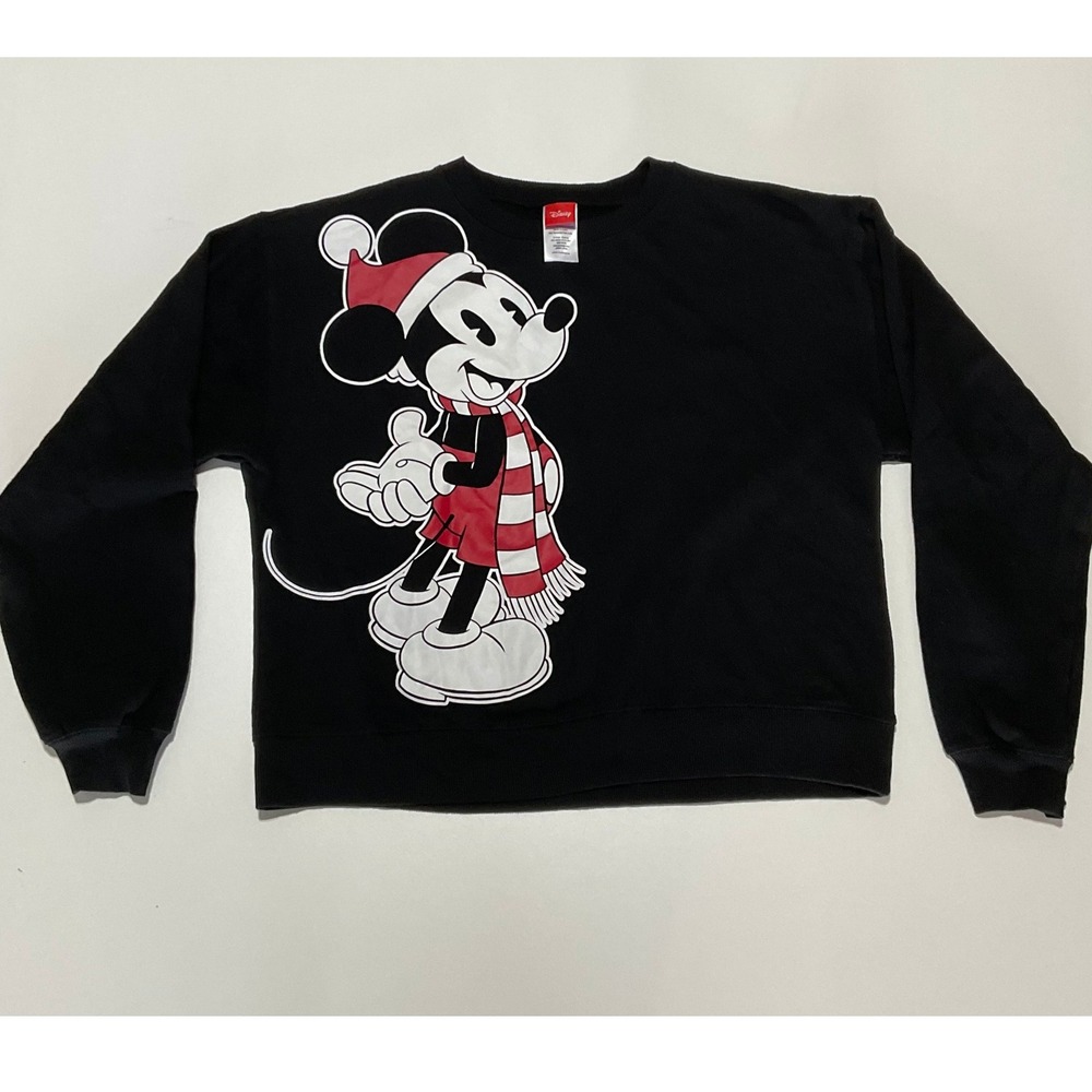 Disney Mickey Mouse Women Christmas Santa Hat Scarf Sweatshirt Black Large
